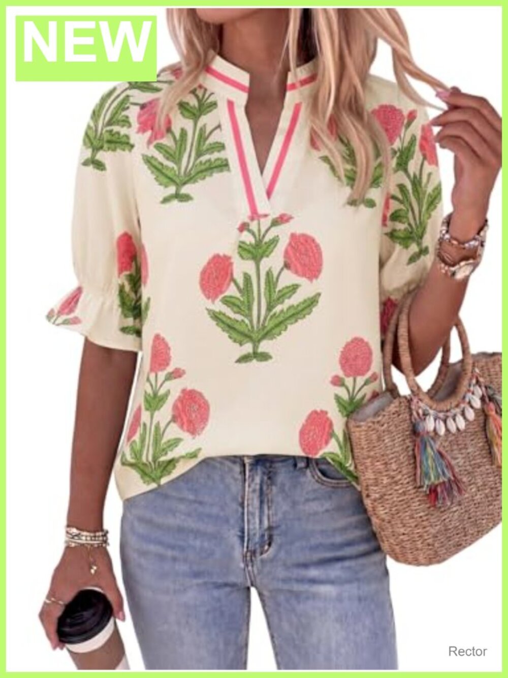 Cicy Bell Womens Floral Blouse Puff Ruffle Sleeve V Neck Boho Top Summer